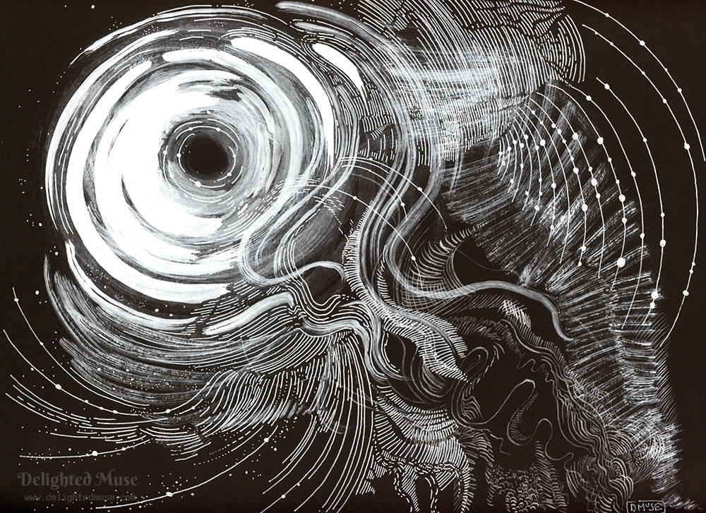 A white ink drawing on black paper of swirls and abstract waves