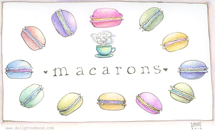 A sketch of pastel macarons with a teacup and the word macarons