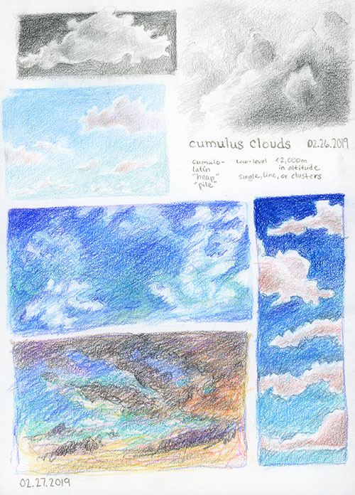 Sketches of clouds in pencil and colored pencils