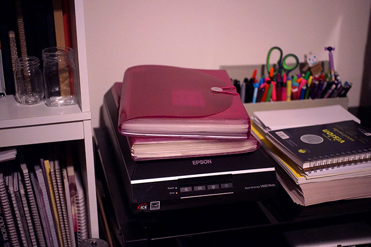 A photo of my scanner and art file folders