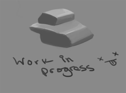 A grayscale digital painting form study with the words work in progress on top