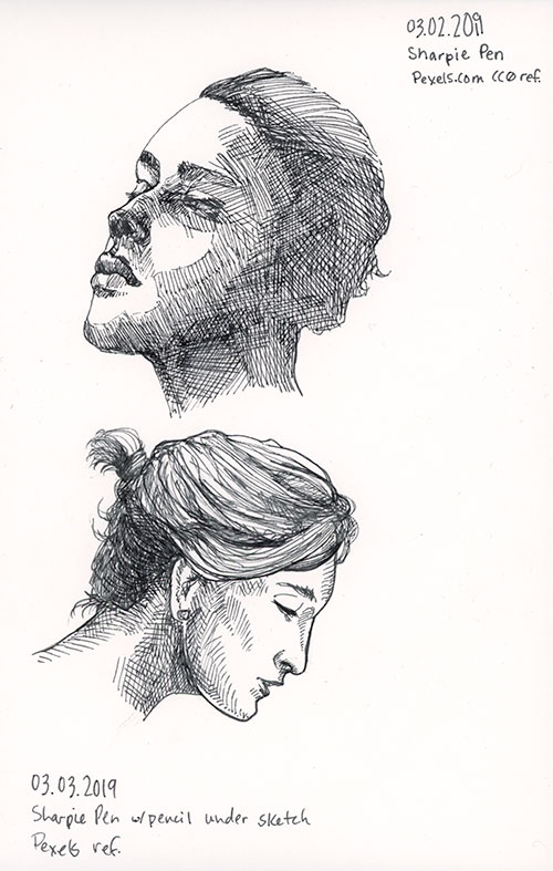 Two female portrait sketches in Sharpie pen