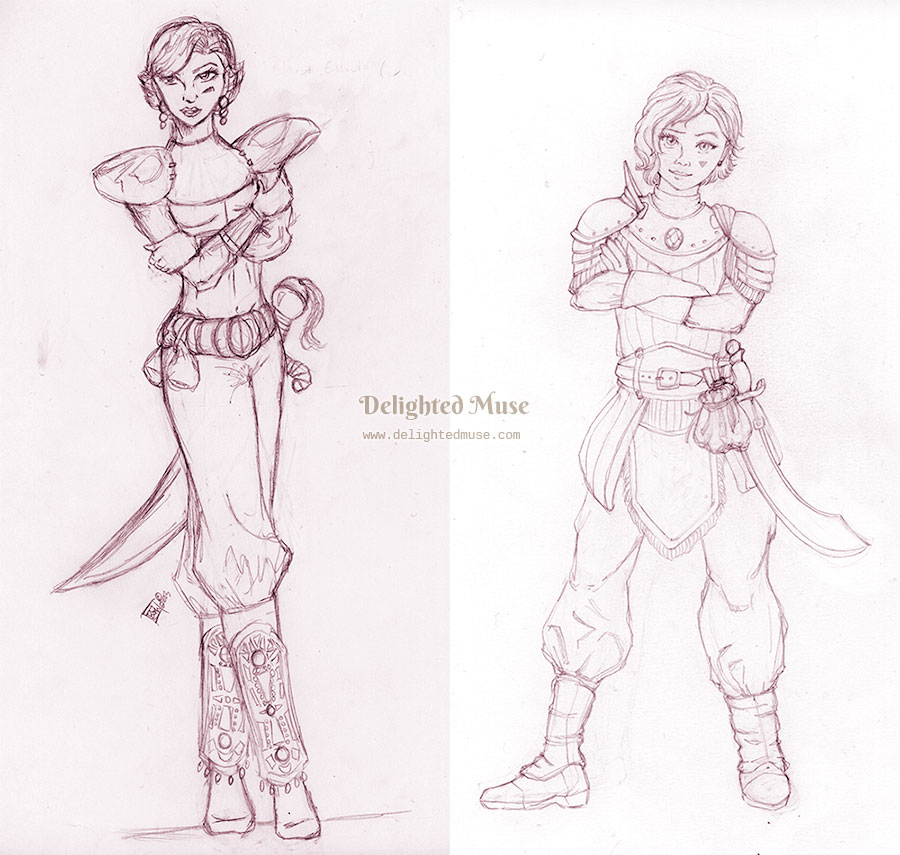 A college of an older drawing of a female knight on the left and a newer version of the same character the right. The artwork is in pencil, but has been tinted slightly red in Photoshop.