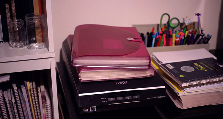 A photo of my scanner and art file folders