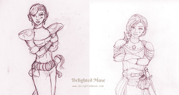 A college of an older drawing of a female knight on the left and a newer version of the same character the right with the words Drawing Redux. The artwork is in pencil.