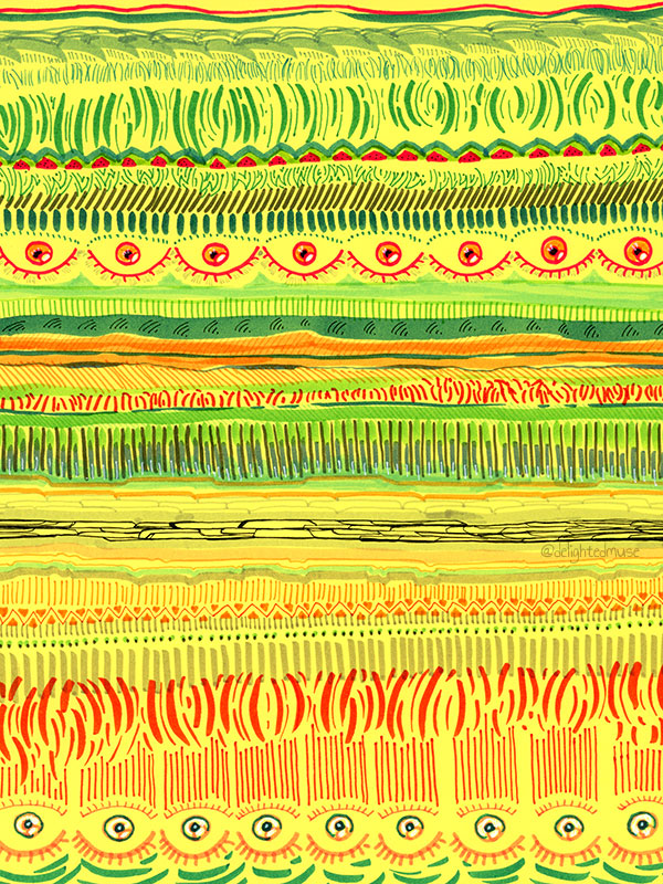 A drawing with various patterns in pen on multicolored paper
