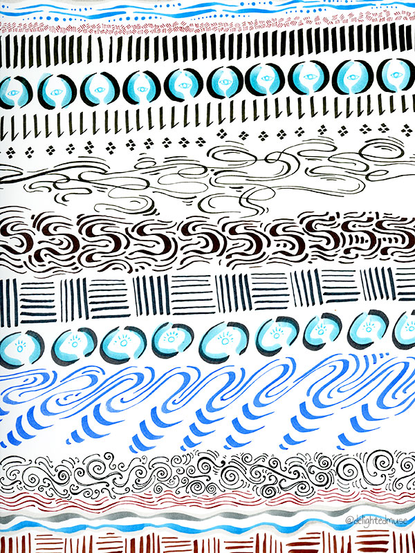 A drawing with various abstract patterns in pen