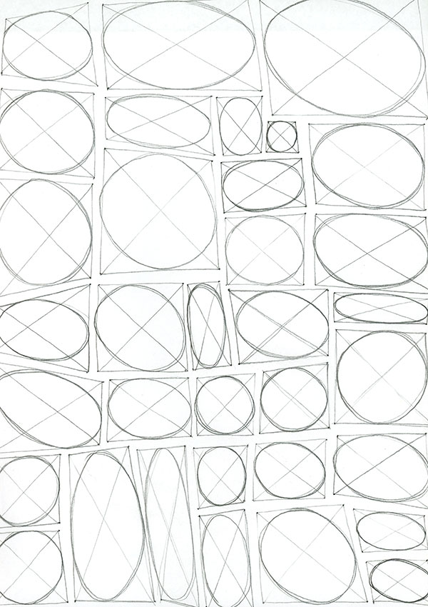 Pencil drawing of ellipses inside boxes
