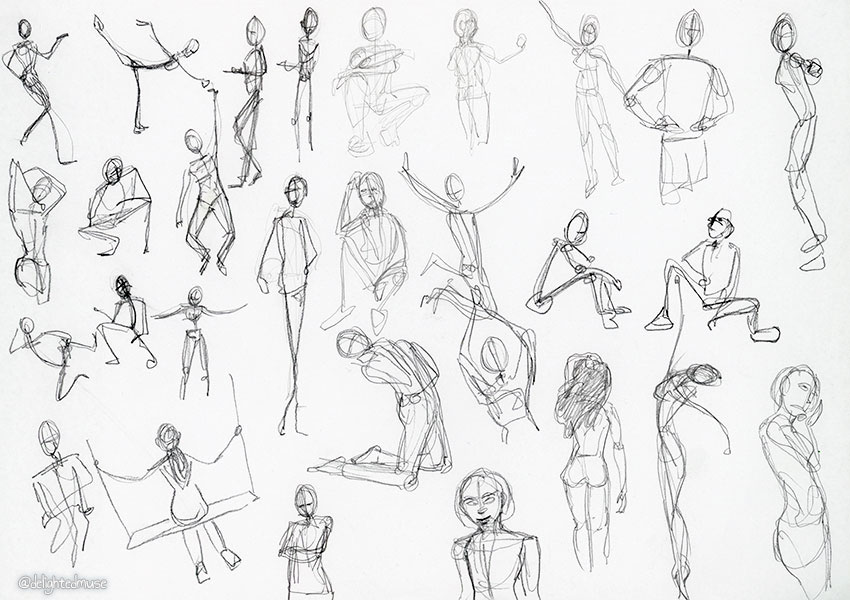 Gesture drawings of human figures in action poses, made with graphite pencils