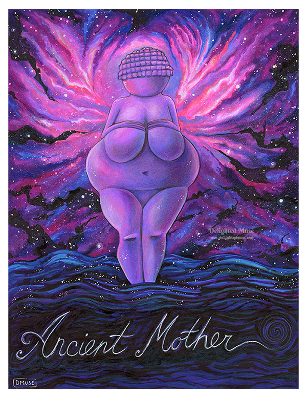 Colored pencil and marker drawing of the Venus of Willendorf on a celestial background with the words Anicent Mother below on an ocean