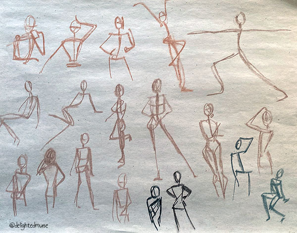 Gesture drawings of figures various poses, drawn in colored pastel on newsprint paper