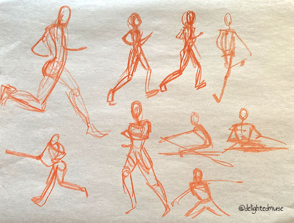Gesture drawings of figures in action poses, drawn in sepia pastel on newsprint paper