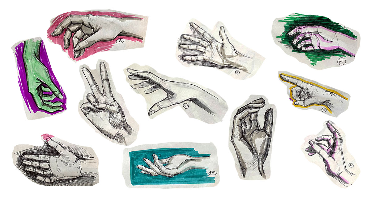 Image showing many sketches of hands in pen ink and marker, most in black and white