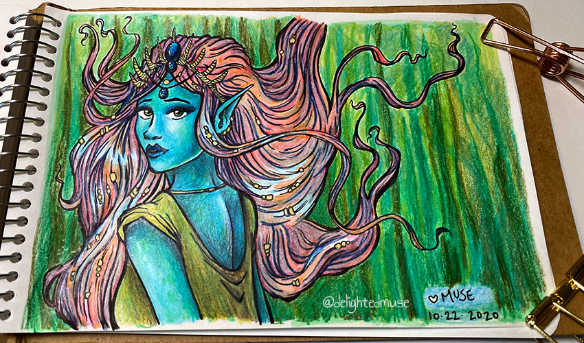 Sketchbook page of a blue-skinned mermaid with pink flowing hair and a seashell crown