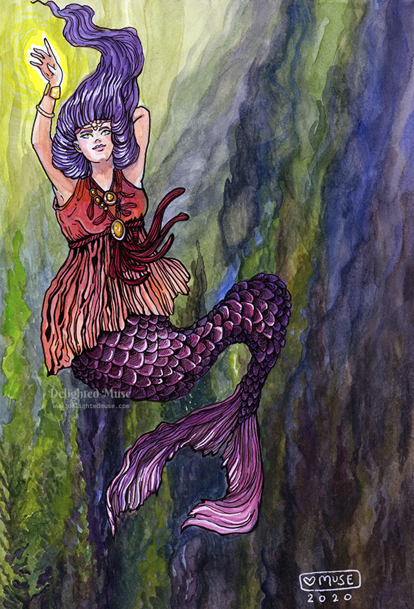 A watercolor painting of a mermaid with purple hair and a red flowing dress top