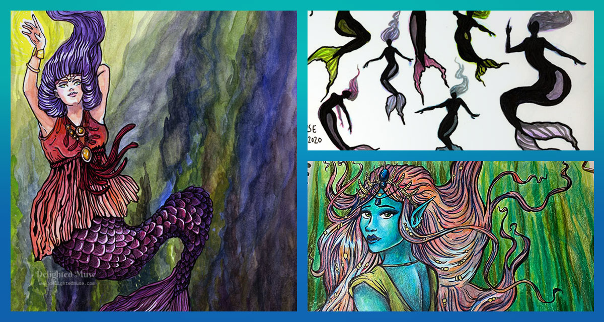 A collage of three paintings: the first a mermaid with purple hair and a red flowing dress top, the second silhouettes of female mermaid figures, and the third a portrait of a blue-skinned mermaid with flowing pink hair