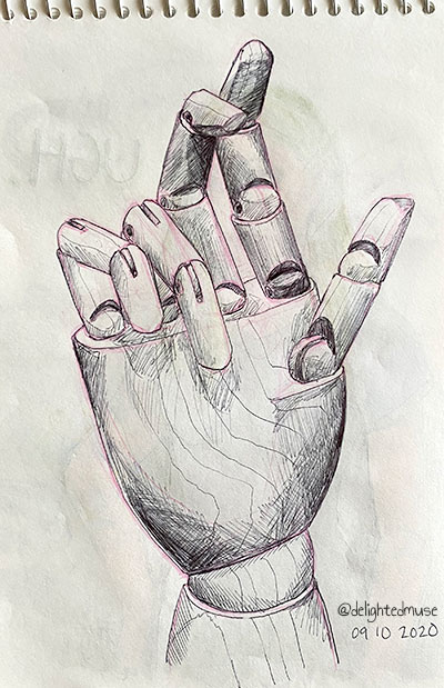 A detailed ballpoint pen drawing of a wood mannequin hand