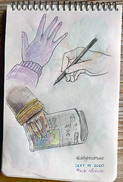 Three hand studies in a sketchbook, one drawn in purple pencil and reaching away from the viewer, one drawn in black and holding a pen, and one with a coat sleeve and holding a newspaper
