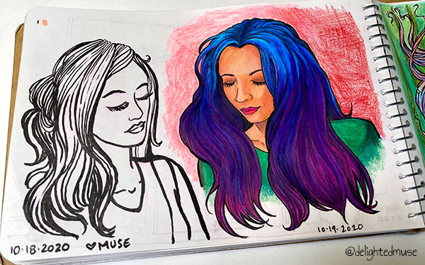 A sketchbook page with a drawing of two women with long hair, one drawn in black ink brush pen, the other in colored pencil with bright blue and purple hair.