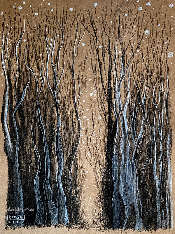 Charcoal drawing of black and white tree branch shapes on brown paper