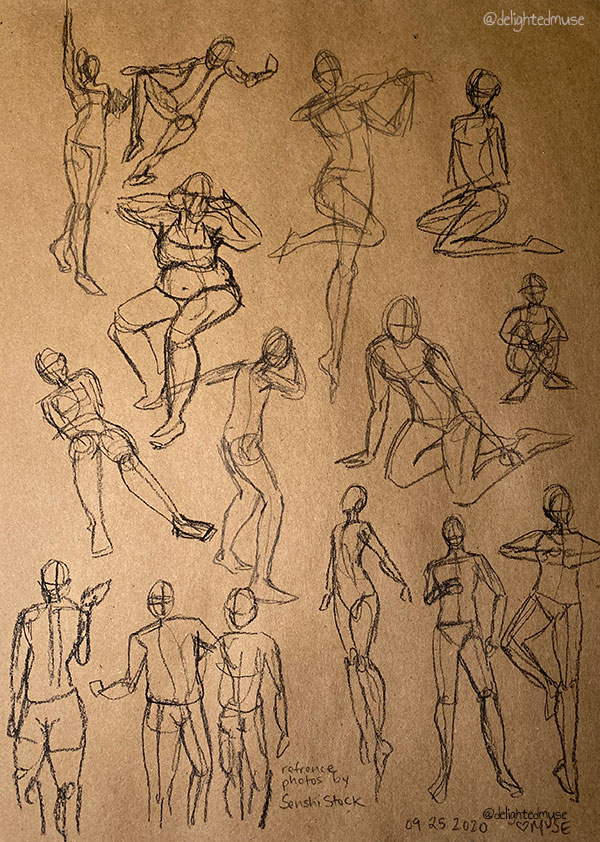 Rough charcoal gesture drawings of human figures in various action poses, reference photos by SenshiStock