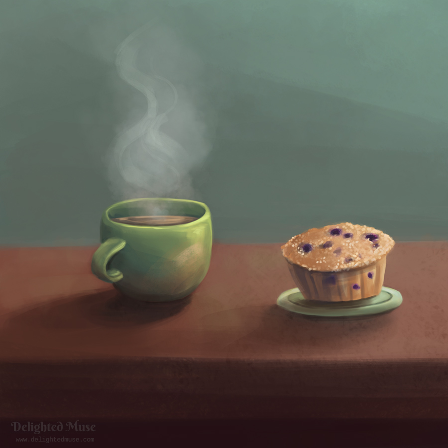 A digital painting of green coffee mug full of coffee, with steam curly up, next to a plate with a blueberry muffin
