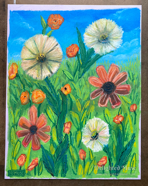 Oil pastel drawing of flowers in a meadow, with simplified shadpes and a collaged, flattened appearance