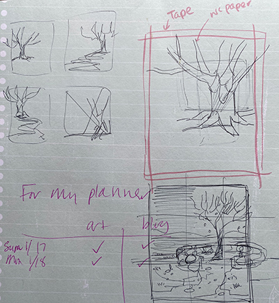 A ruled notebook page, with ball point pen sketches planning the tree drawing composition