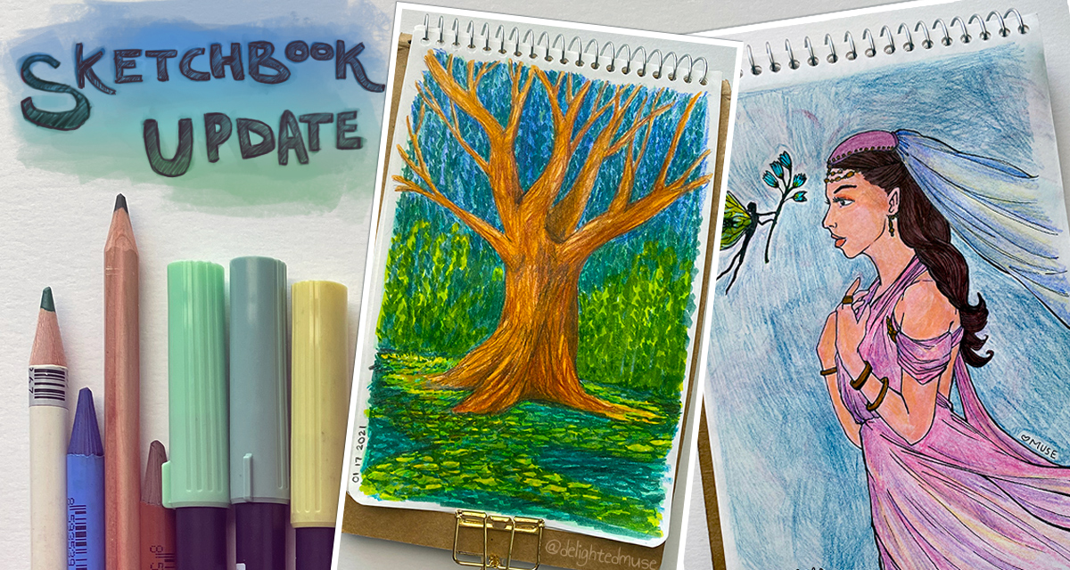 Featured image of two sketchbook pages, colored pencils, and brush pen marks, with the text Sketchbook Update