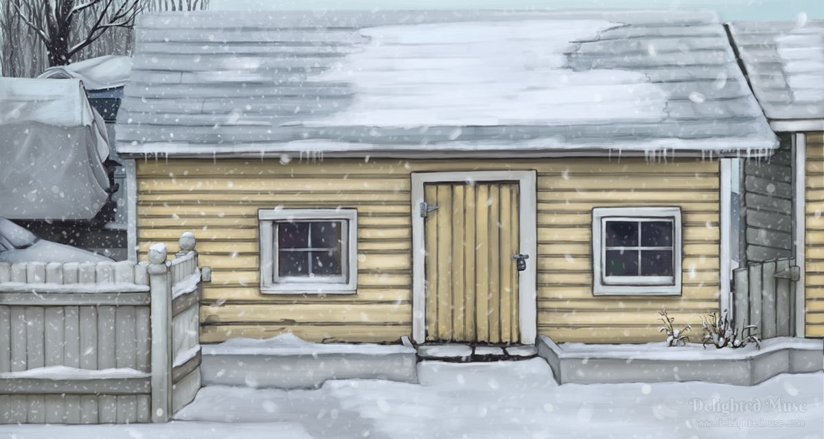 Digital painting of a yellow shed in a backyard, with snow covering the roof and ground and snow falling.