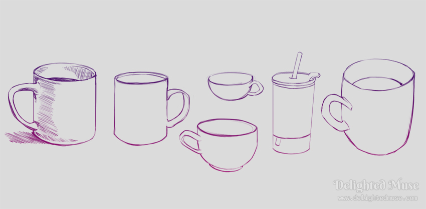 Contour drawings of mugs and a water cup with a straw