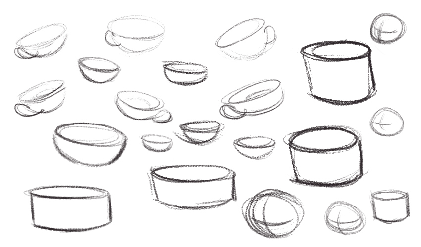 Quick sketches of cups and cylinders, done with a textured brush