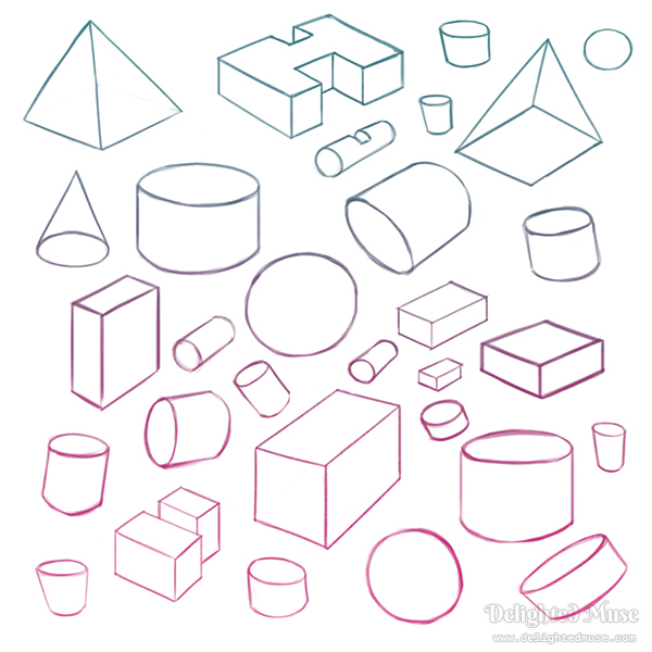 A digital sketch of basic geometric shapes of spheres, cylinders, cubes, and pyramids, drawn in line art with a pink and blue gradient applied.