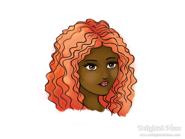 A digital painting of a stylized black woman with orange hair, head only, done in a cartoon style