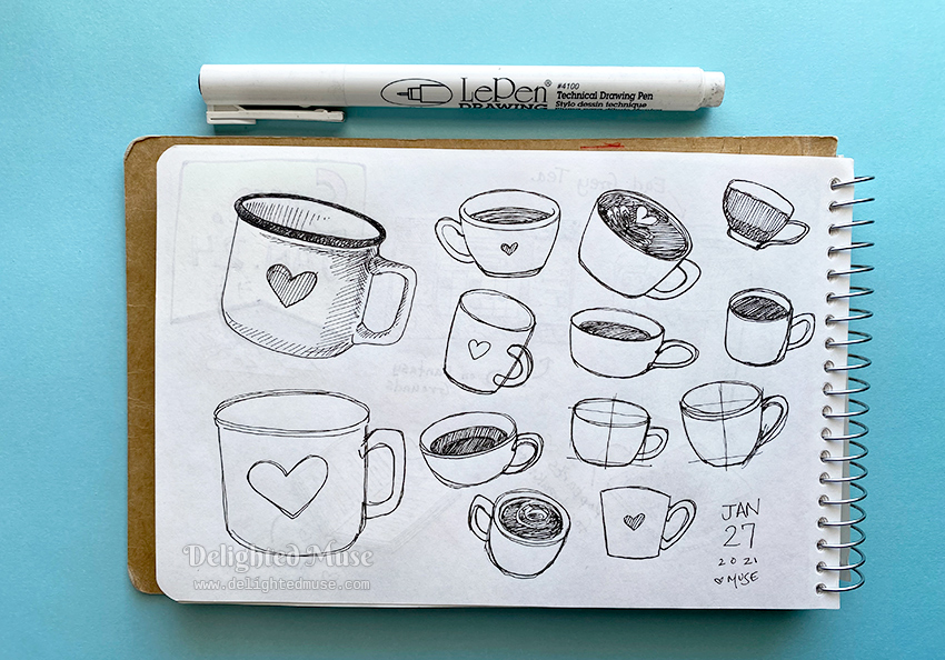 A sketchboko page of coffee mugs, drawn in ink pen