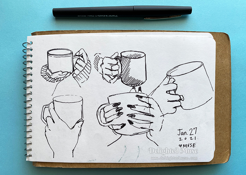 A sketchbook page of hands holding coffee mugs, drawn in felt pen