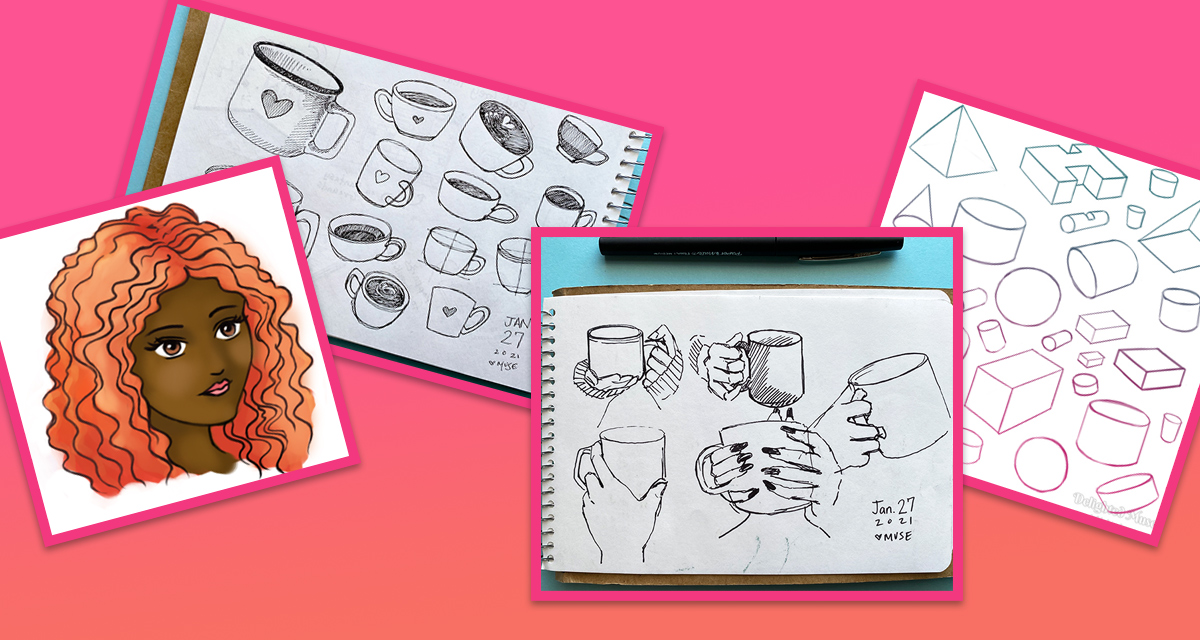 A collage of four images on a pink and orange gradient backdrop. The sketches show a woman's face, mugs, and basic geometric shapes