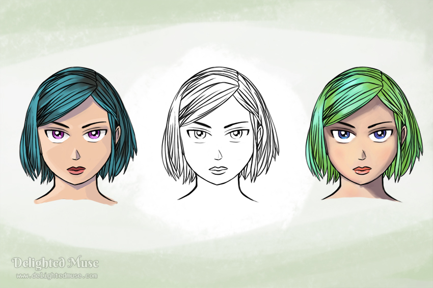 Digital line art of a short hairs girl with a serious experession. The line art is copied three - the left with teal hair, the center with no color added, the right with green hair.