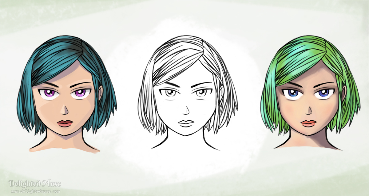 Digital line art of a short hairs girl with a serious experession. The line art is copied three - the left with teal hair, the center with no color added, the right with green hair.