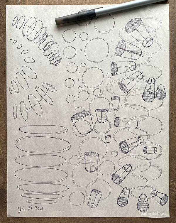 A newsprint sheet of ballpoint pen sketched ellipses and cylinders