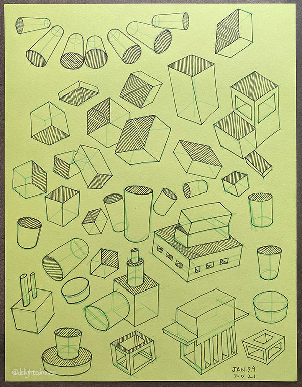 A drawing of boxes and cyclinders tilted in space and occassionally intersecting or overlapping