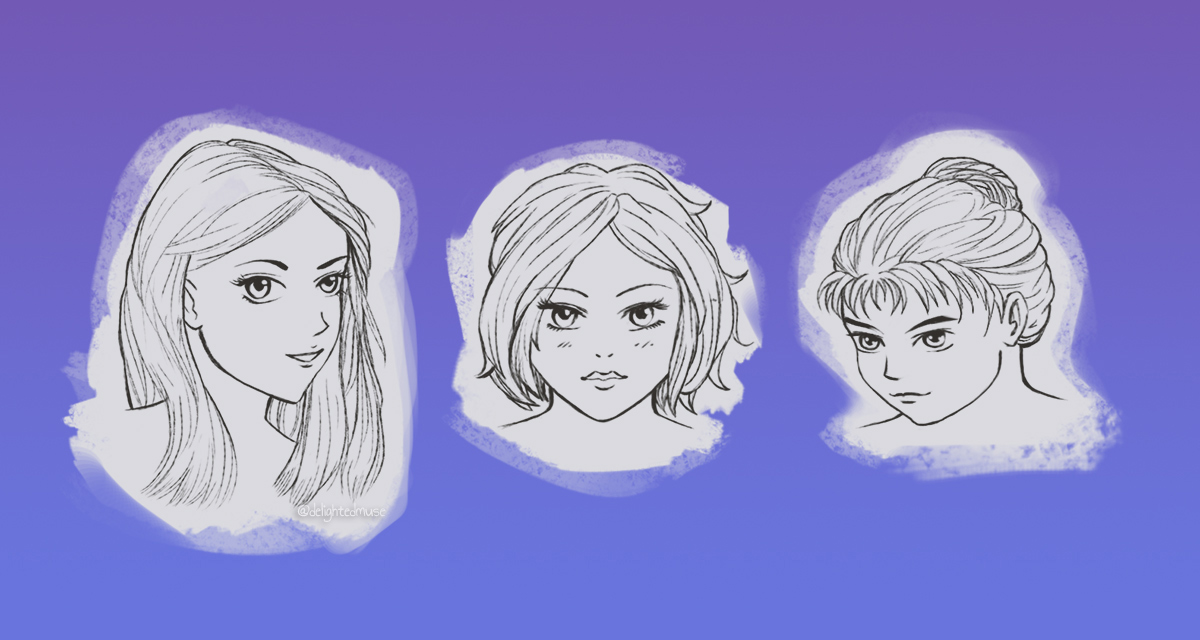 Digital sketch of three faces with female features, one as three-quarter view with shoulder length hair, one front facing with short wavy hair, and one looking down and to the left with hair in a bun
