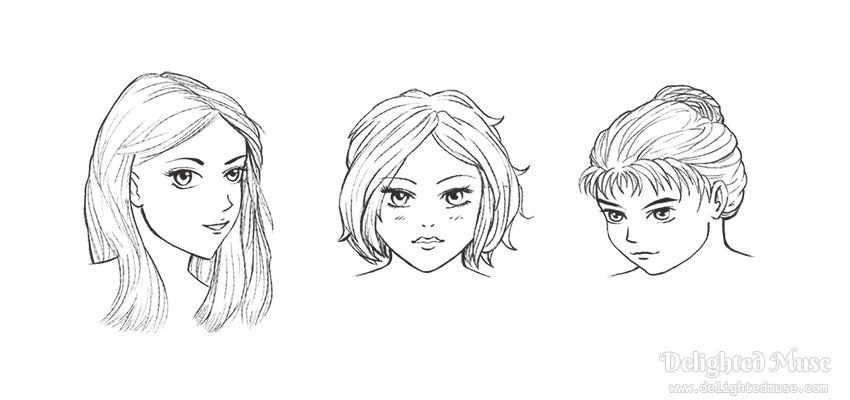 Digital sketch of three faces with female features, one as three-quarter view with shoulder length hair, one front facing with short wavy hair, and one looking down and to the left with hair in a bun