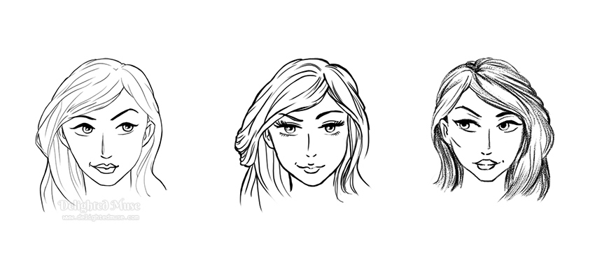 Digital sketch of three women's faces, all similar, with smirking expression