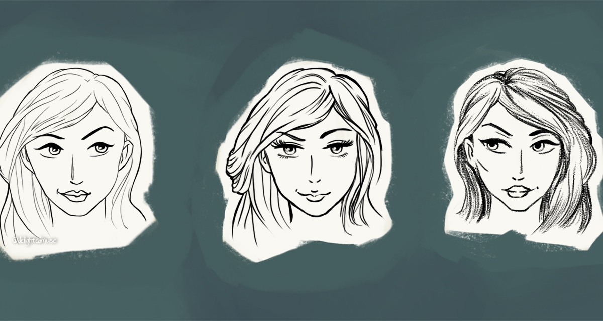 Digital sketch of three women's faces, all similar, with smirking expression