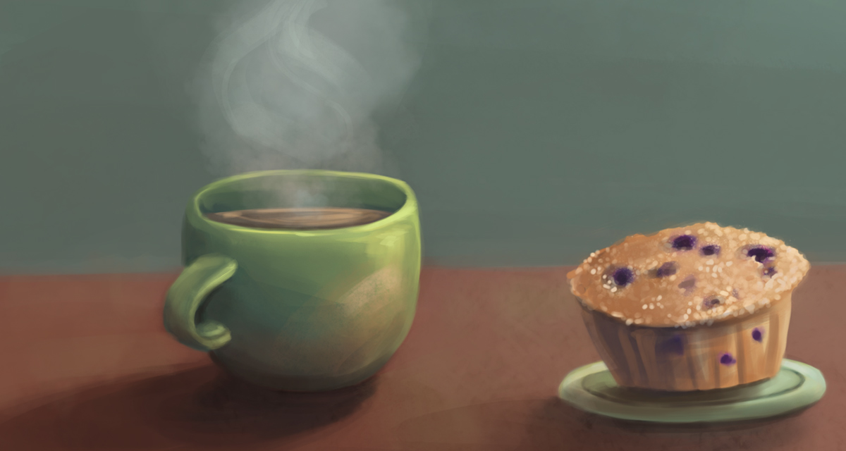 A digital painting of green coffee mug full of coffee, with steam curly up, next to a plate with a blueberry muffin