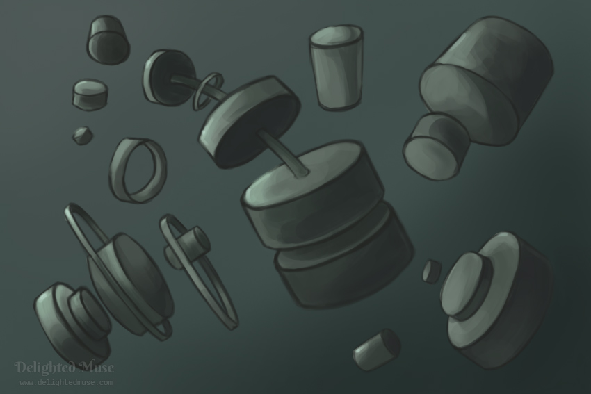 Digital painting of various cylinder shapes rotated in space with shading