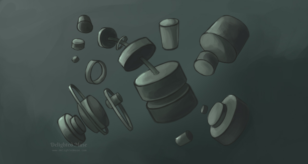 Digital painting of various cylinder shapes rotated in space with shading