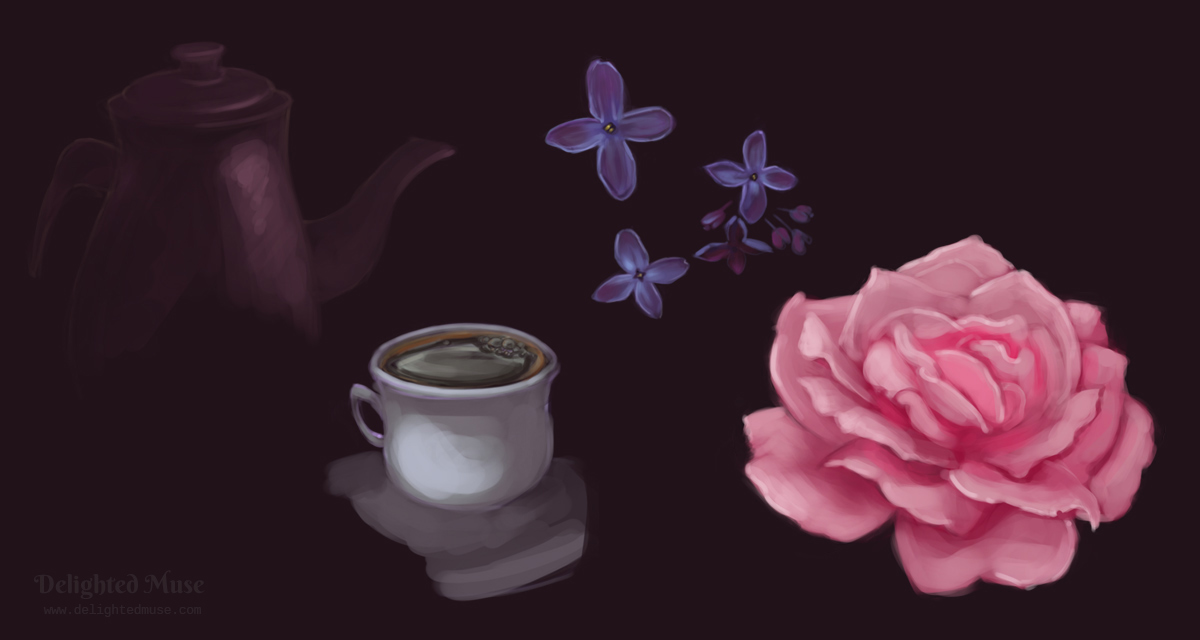 A digital painting of a rose, lilac flowers, two coffee cups, and a teapot