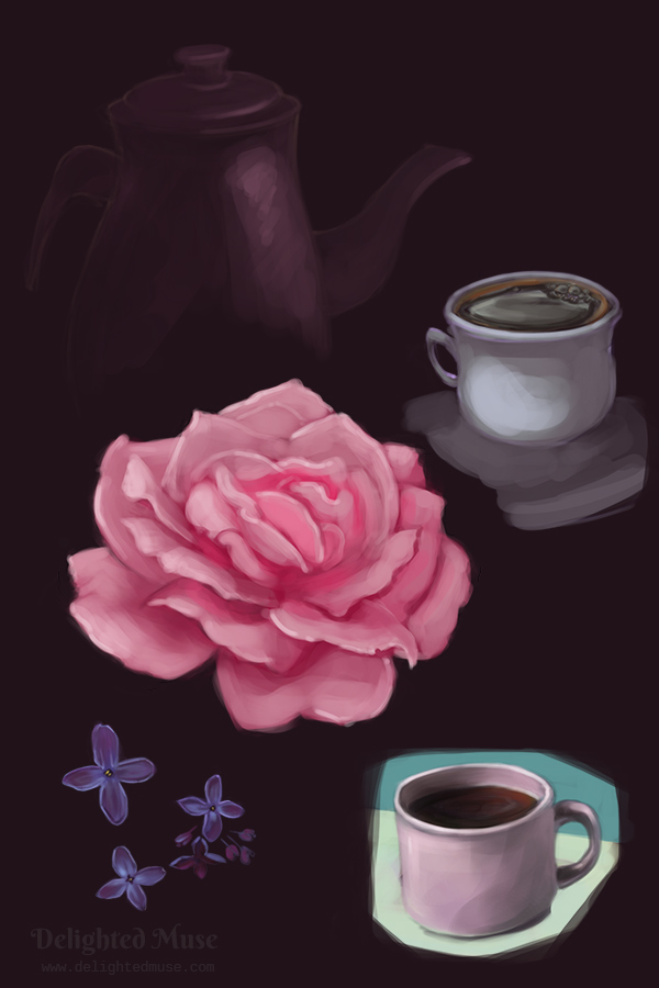 A digital painting of a rose, lilac flowers, two coffee cups, and a teapot